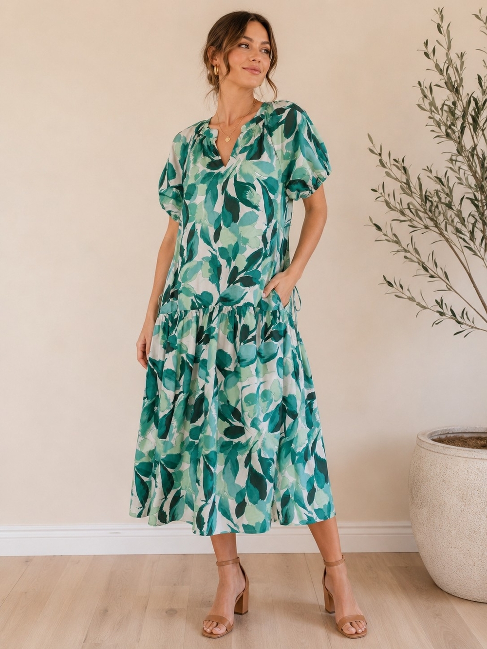 julia jordan Green Leaf-Print Puff Sleeve Midi Dress